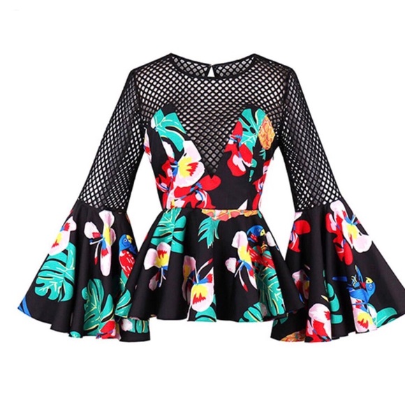 Floral Colorful Mesh Peplum Top - Picture 2 of 11